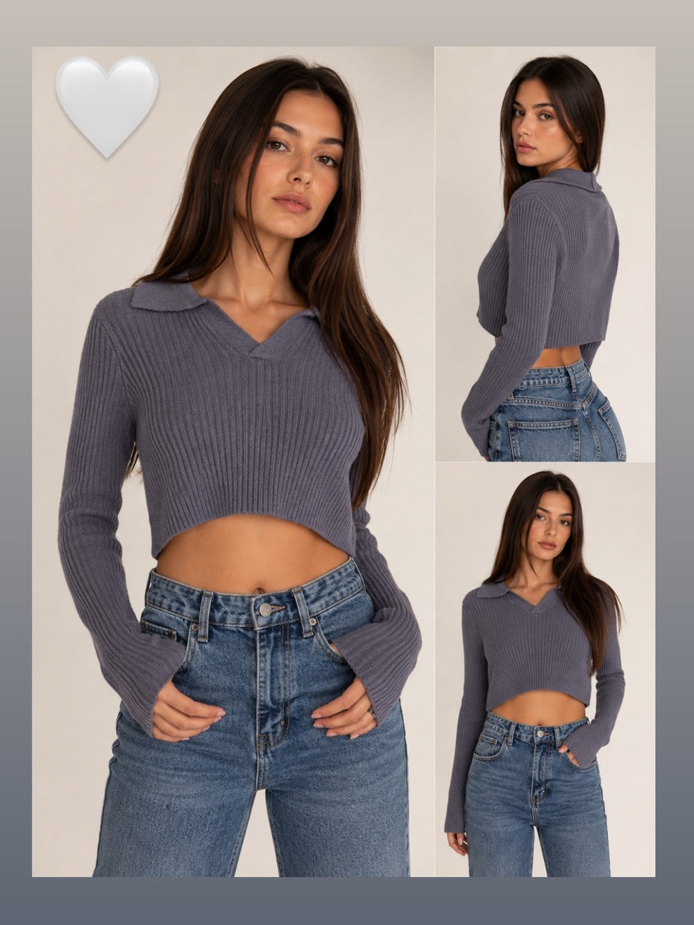 Debut Cropped Rib-Knit Collared V-Neck Top - Picture 1 of 5